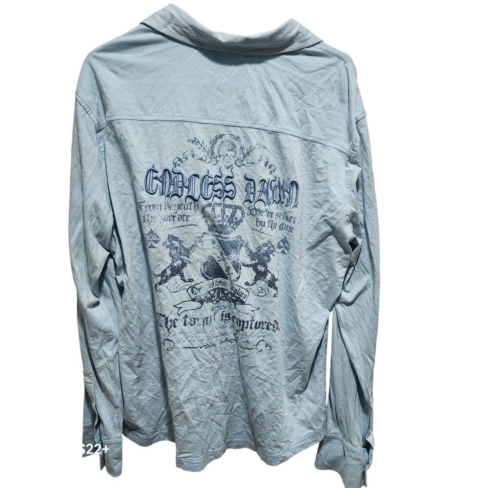 Express XL Light Blue Graphic Button Shirt Crown Skull Gothic Cotton